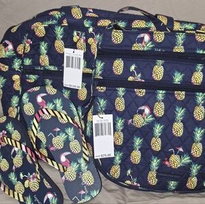 3 Pc Vera Bradley Dark Blue Pineapple Travel Bag, Shoulder Bag, And Flip Flops